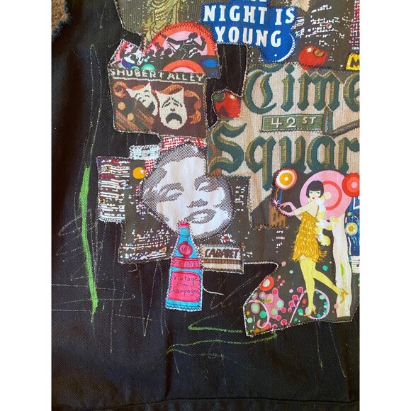 Jane Elissa unique cut off sleeves Patch vest black denim jacket size xl - Picture 7 of 12